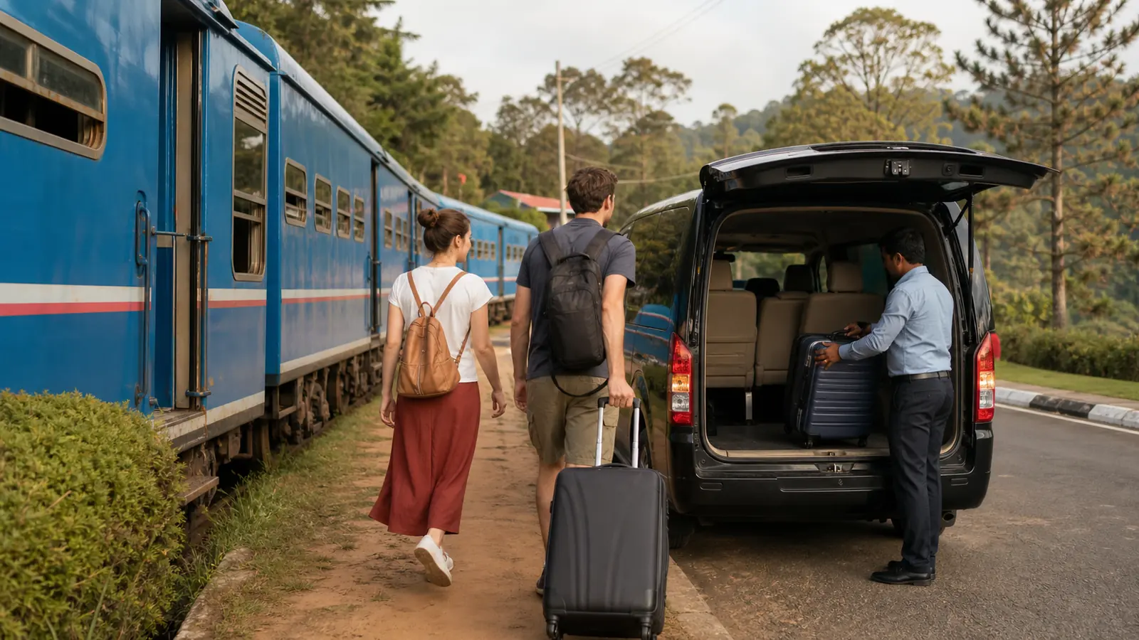 スリランカの列車でスーツケースの置き場所を確認する旅行者