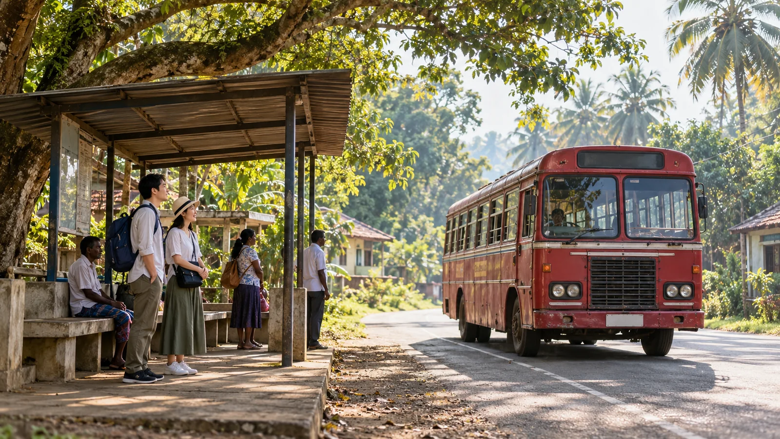 スリランカのバス乗り場で待つ旅行者のイメージ（生成画像）